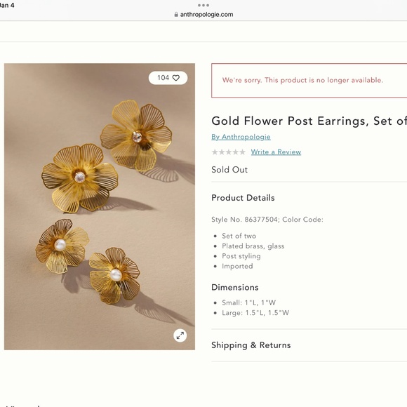 Anthropologie Gold Flower Post Earrings, Set of 2 NEW - Picture 2 of 3